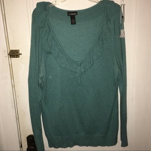 Soft teal deep v neck ruffle neck sweater.